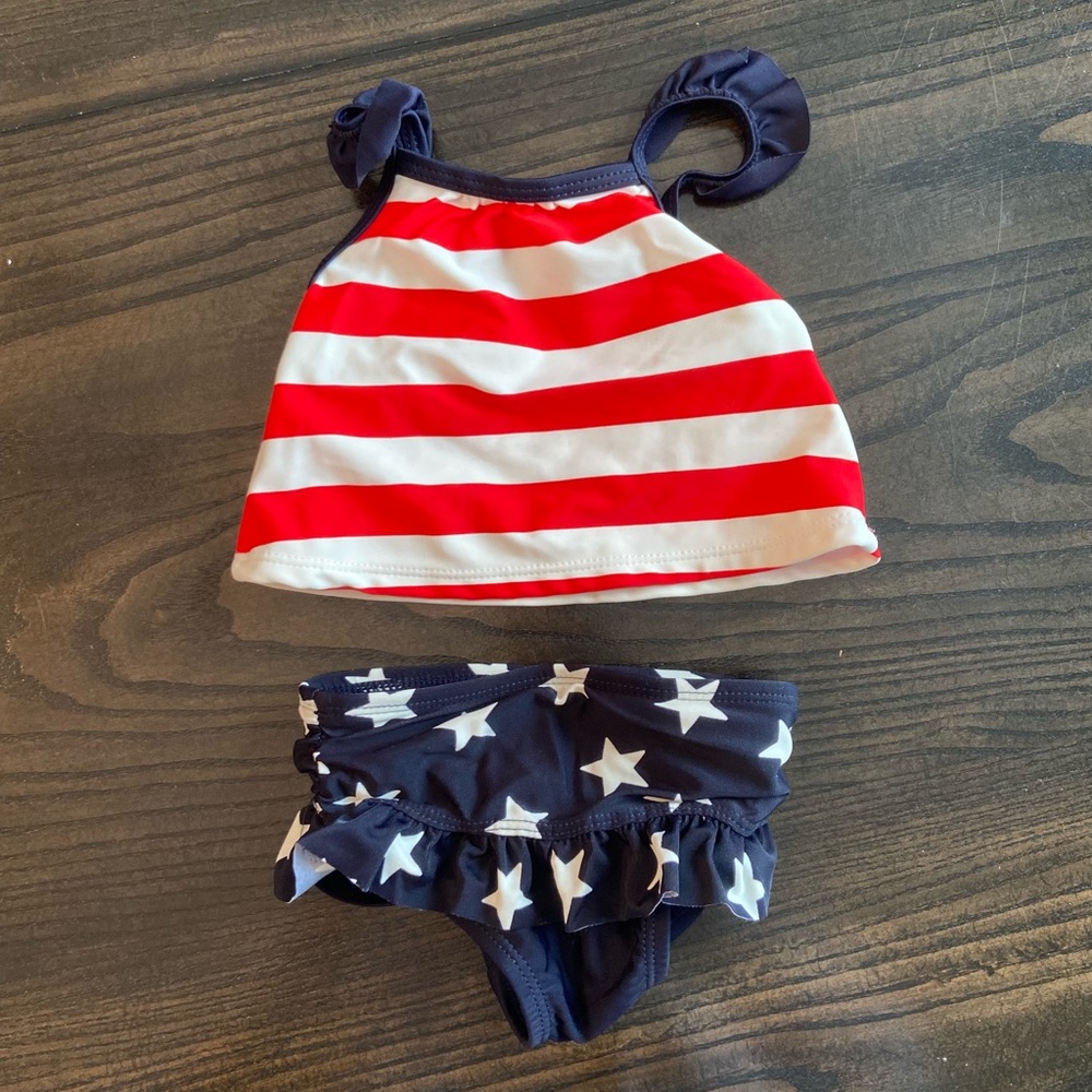 OshKosh B’gosh Patriotic Swim Bikini Red White Blue Stars Stripes Ruffle Bottom